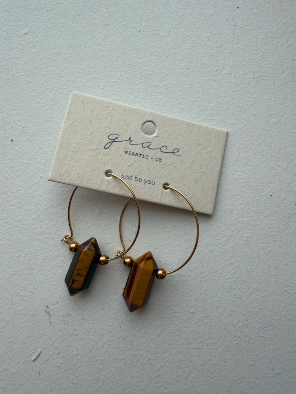 Gold Hoop Earrings with Brown Tiger Eye Drops